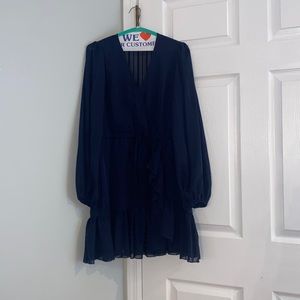 Aqua navy striped long sleeve mini dress with button and elastic waist band